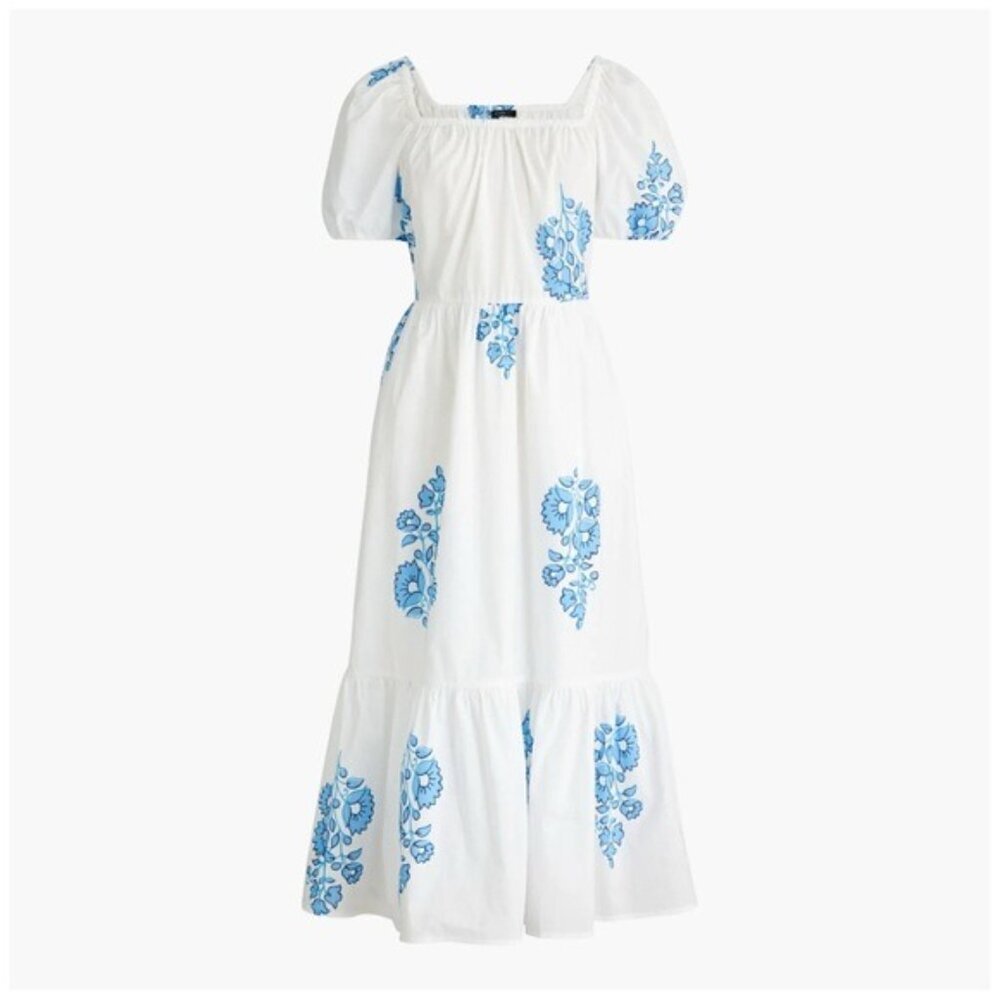 J. Crew White Blue Floral Puff-Sleeve Tiered Sz 8 Midi Dress NWT - Picture 2 of 15